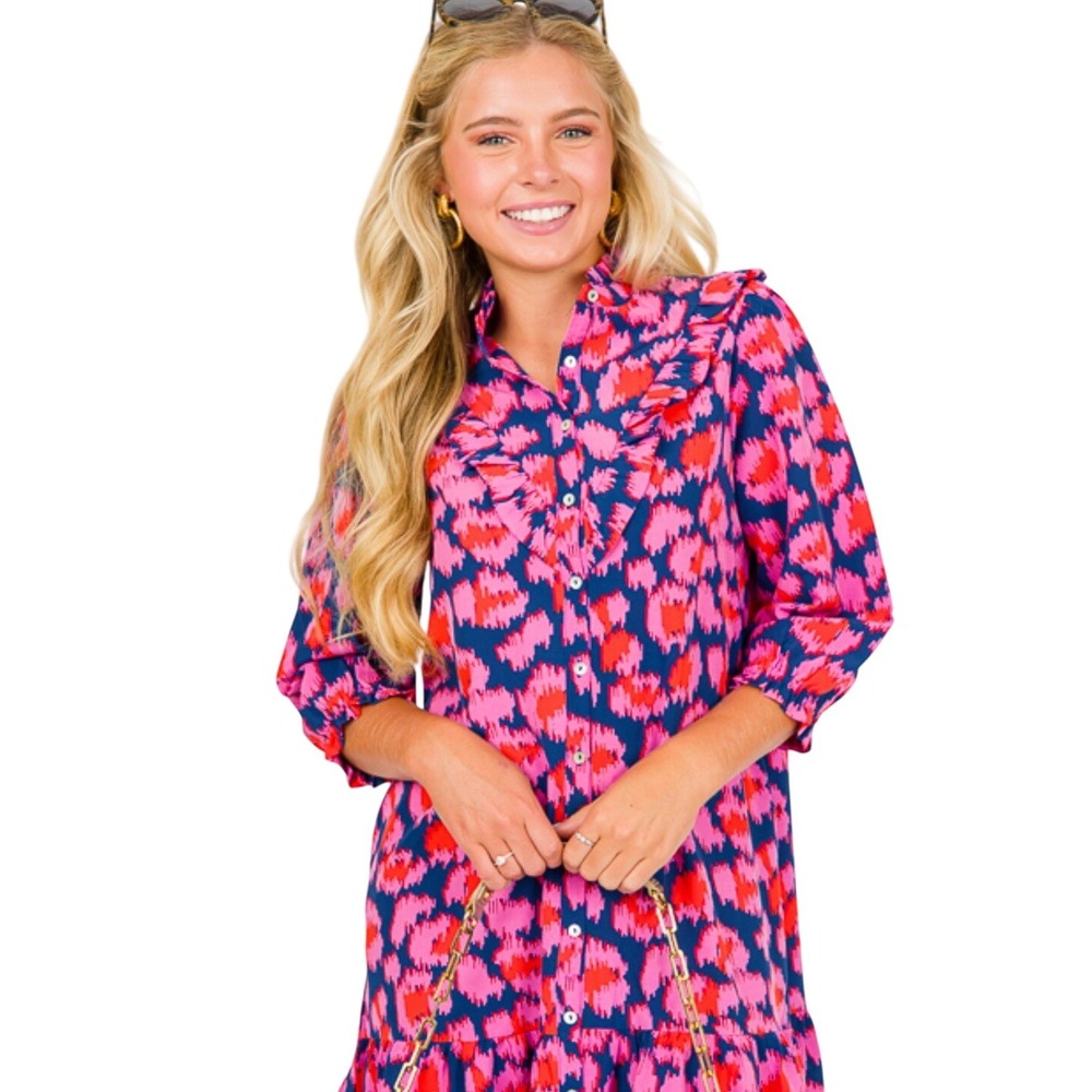 Ruffle Neck Pink Leopard Print Dress 3/4 Sleeve Casual Mini